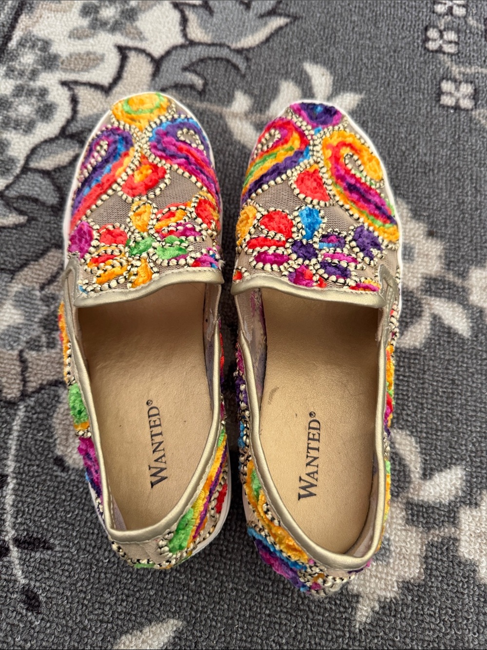 WANTED Multicolor Embroidered Beaded Slip-On Flats